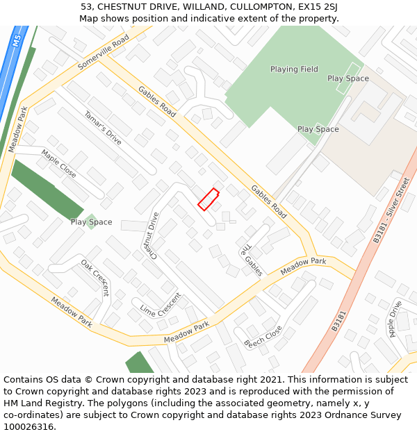 53, CHESTNUT DRIVE, WILLAND, CULLOMPTON, EX15 2SJ: Location map and indicative extent of plot