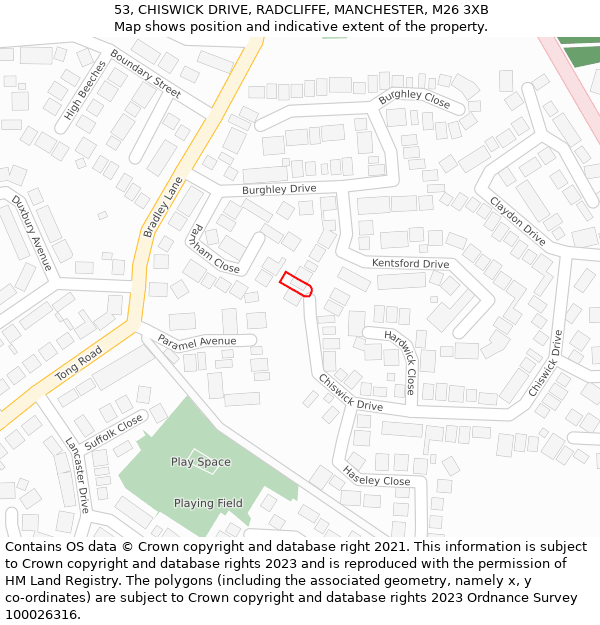 53, CHISWICK DRIVE, RADCLIFFE, MANCHESTER, M26 3XB: Location map and indicative extent of plot