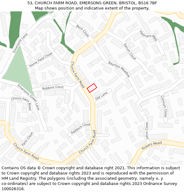 53, CHURCH FARM ROAD, EMERSONS GREEN, BRISTOL, BS16 7BF: Location map and indicative extent of plot
