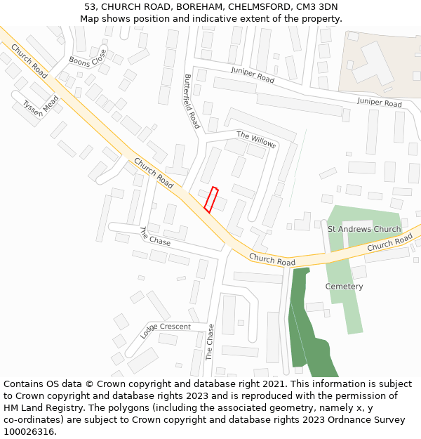 53, CHURCH ROAD, BOREHAM, CHELMSFORD, CM3 3DN: Location map and indicative extent of plot