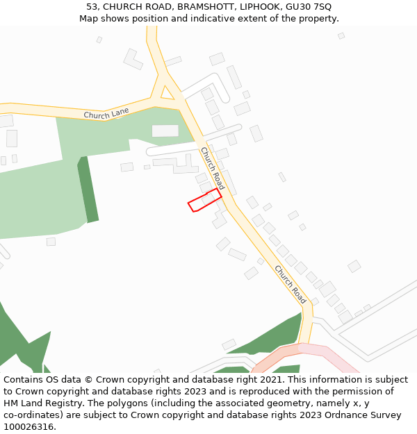 53, CHURCH ROAD, BRAMSHOTT, LIPHOOK, GU30 7SQ: Location map and indicative extent of plot