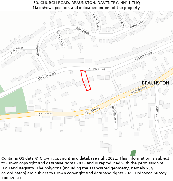 53, CHURCH ROAD, BRAUNSTON, DAVENTRY, NN11 7HQ: Location map and indicative extent of plot
