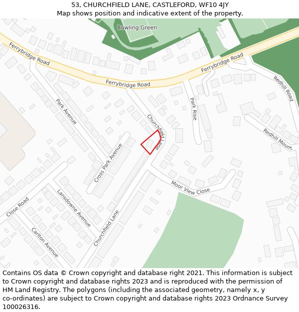 53, CHURCHFIELD LANE, CASTLEFORD, WF10 4JY: Location map and indicative extent of plot