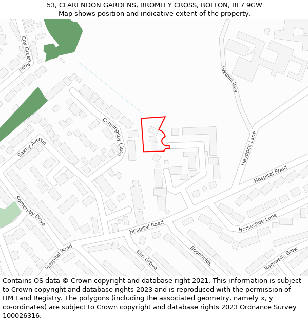 53, CLARENDON GARDENS, BROMLEY CROSS, BOLTON, BL7 9GW: Location map and indicative extent of plot