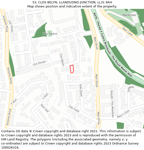 53, CLOS BELYN, LLANDUDNO JUNCTION, LL31 9AH: Location map and indicative extent of plot