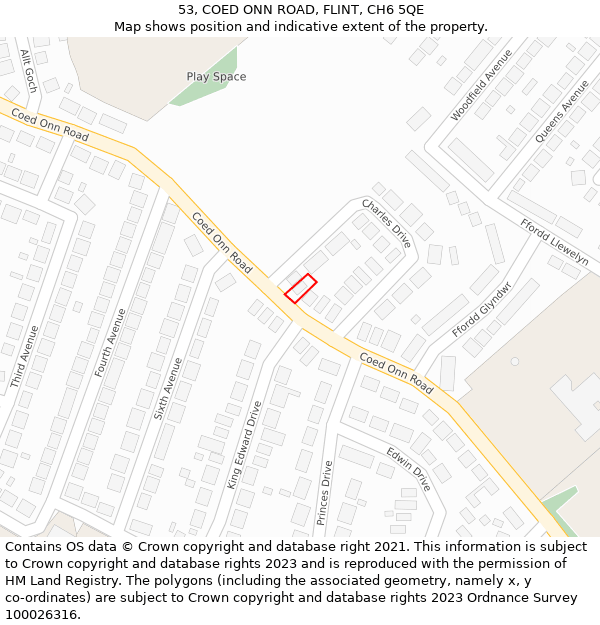 53, COED ONN ROAD, FLINT, CH6 5QE: Location map and indicative extent of plot