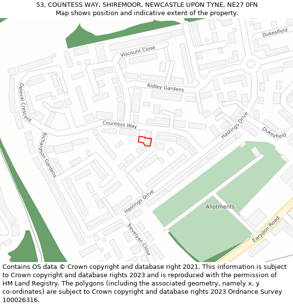 53, COUNTESS WAY, SHIREMOOR, NEWCASTLE UPON TYNE, NE27 0FN: Location map and indicative extent of plot