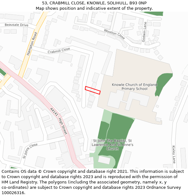 53, CRABMILL CLOSE, KNOWLE, SOLIHULL, B93 0NP: Location map and indicative extent of plot