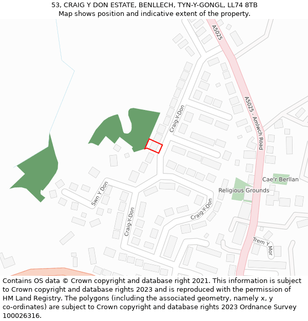 53, CRAIG Y DON ESTATE, BENLLECH, TYN-Y-GONGL, LL74 8TB: Location map and indicative extent of plot