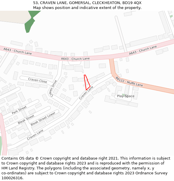 53, CRAVEN LANE, GOMERSAL, CLECKHEATON, BD19 4QX: Location map and indicative extent of plot