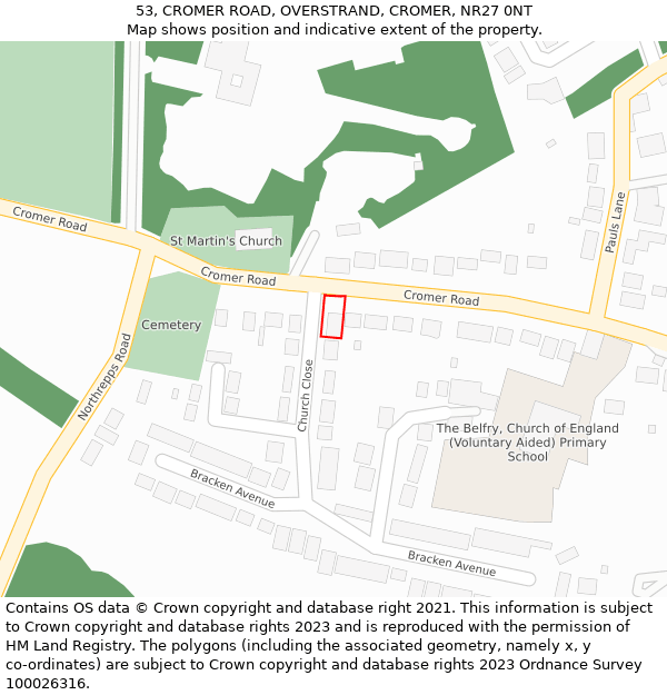 53, CROMER ROAD, OVERSTRAND, CROMER, NR27 0NT: Location map and indicative extent of plot