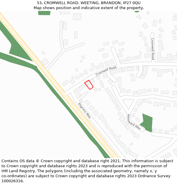 53, CROMWELL ROAD, WEETING, BRANDON, IP27 0QU: Location map and indicative extent of plot