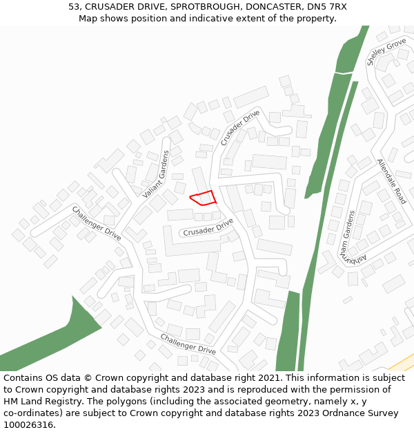 53, CRUSADER DRIVE, SPROTBROUGH, DONCASTER, DN5 7RX: Location map and indicative extent of plot