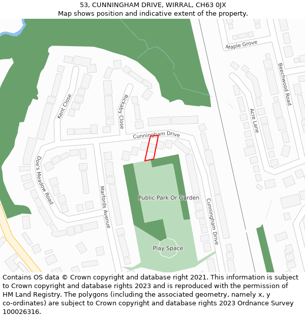 53, CUNNINGHAM DRIVE, WIRRAL, CH63 0JX: Location map and indicative extent of plot