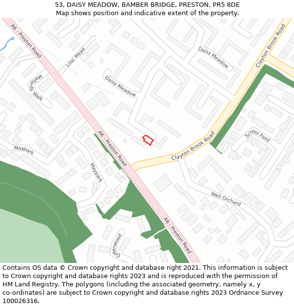 53, DAISY MEADOW, BAMBER BRIDGE, PRESTON, PR5 8DE: Location map and indicative extent of plot