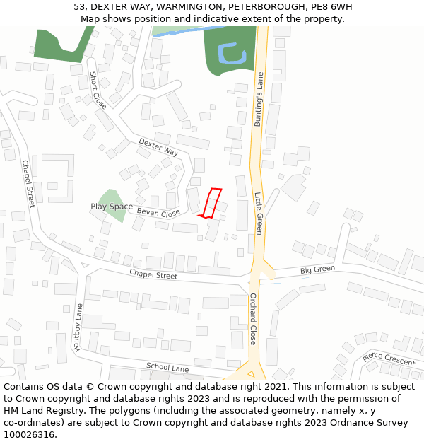 53, DEXTER WAY, WARMINGTON, PETERBOROUGH, PE8 6WH: Location map and indicative extent of plot