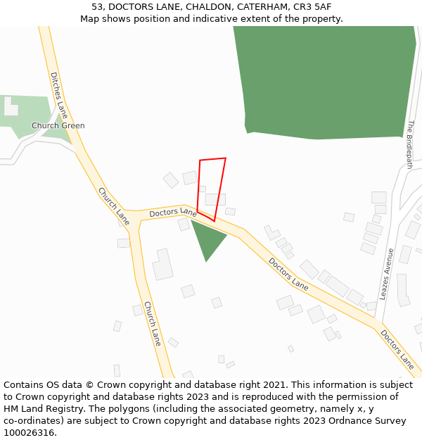53, DOCTORS LANE, CHALDON, CATERHAM, CR3 5AF: Location map and indicative extent of plot