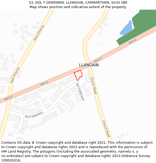 53, DOL Y DDERWEN, LLANGAIN, CARMARTHEN, SA33 5BE: Location map and indicative extent of plot