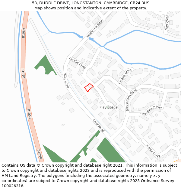 53, DUDDLE DRIVE, LONGSTANTON, CAMBRIDGE, CB24 3US: Location map and indicative extent of plot