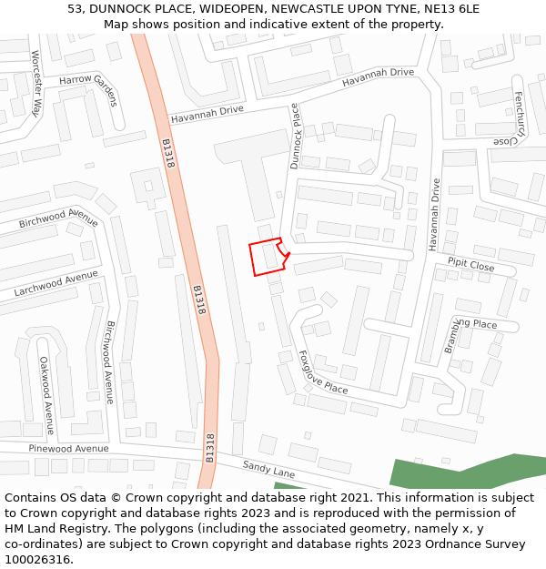 53, DUNNOCK PLACE, WIDEOPEN, NEWCASTLE UPON TYNE, NE13 6LE: Location map and indicative extent of plot