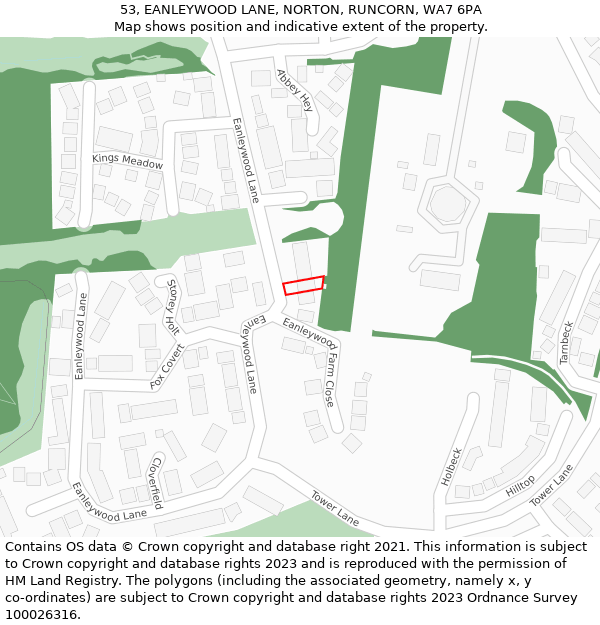 53, EANLEYWOOD LANE, NORTON, RUNCORN, WA7 6PA: Location map and indicative extent of plot