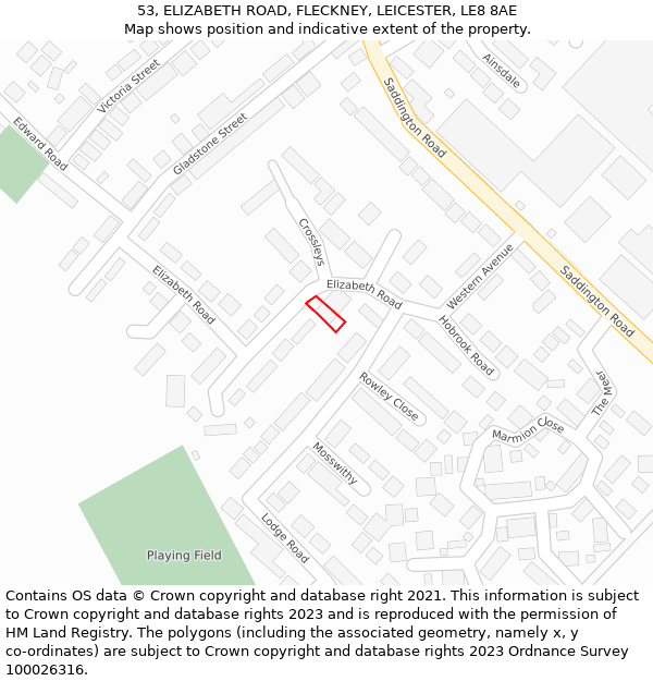53, ELIZABETH ROAD, FLECKNEY, LEICESTER, LE8 8AE: Location map and indicative extent of plot