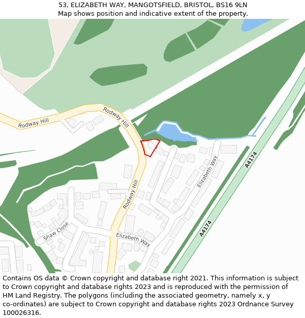 53, ELIZABETH WAY, MANGOTSFIELD, BRISTOL, BS16 9LN: Location map and indicative extent of plot