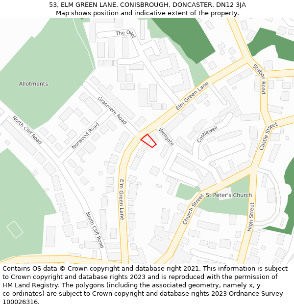 53, ELM GREEN LANE, CONISBROUGH, DONCASTER, DN12 3JA: Location map and indicative extent of plot