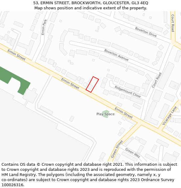 53, ERMIN STREET, BROCKWORTH, GLOUCESTER, GL3 4EQ: Location map and indicative extent of plot