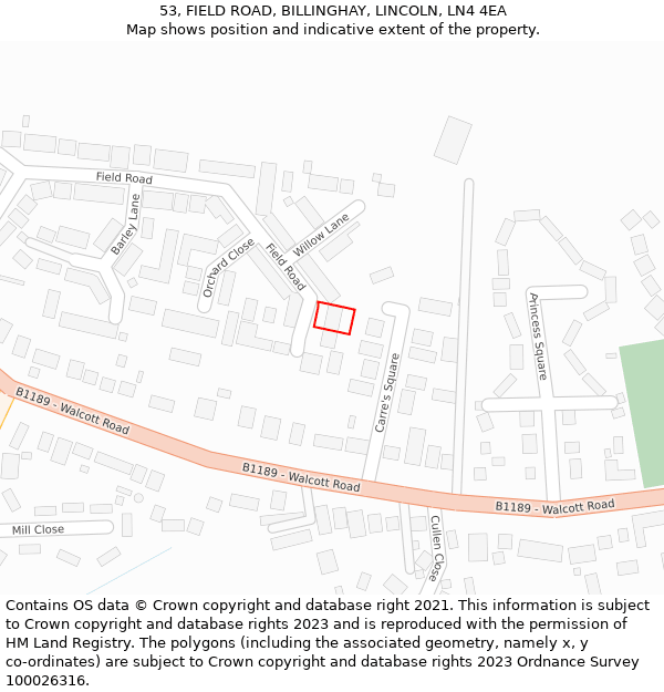 53, FIELD ROAD, BILLINGHAY, LINCOLN, LN4 4EA: Location map and indicative extent of plot