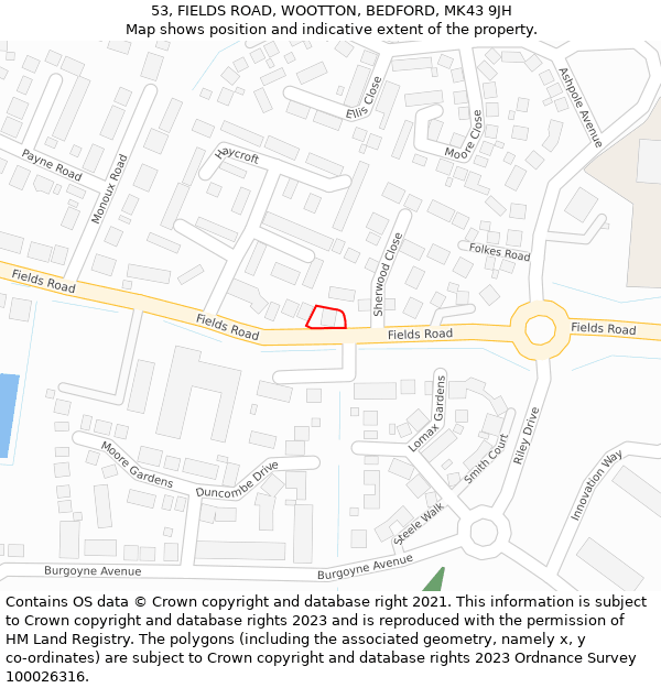 53, FIELDS ROAD, WOOTTON, BEDFORD, MK43 9JH: Location map and indicative extent of plot