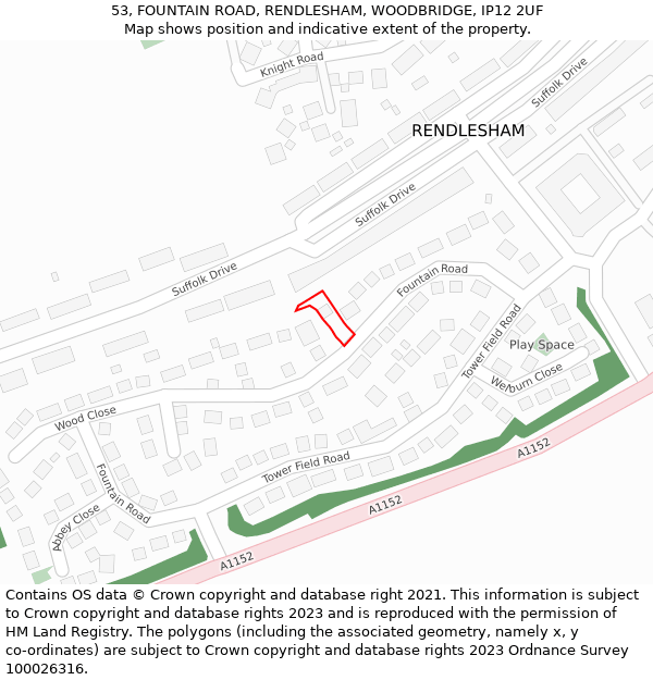 53, FOUNTAIN ROAD, RENDLESHAM, WOODBRIDGE, IP12 2UF: Location map and indicative extent of plot