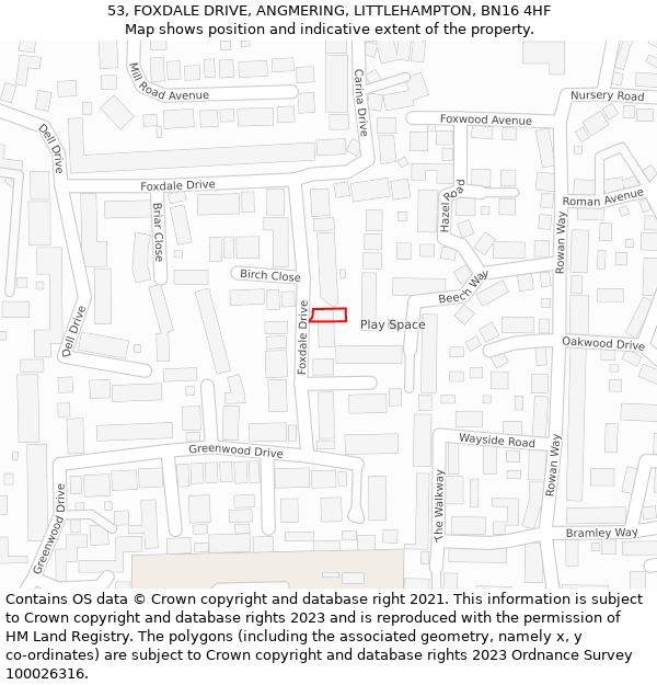 53, FOXDALE DRIVE, ANGMERING, LITTLEHAMPTON, BN16 4HF: Location map and indicative extent of plot