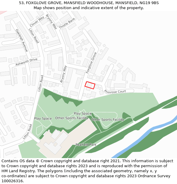 53, FOXGLOVE GROVE, MANSFIELD WOODHOUSE, MANSFIELD, NG19 9BS: Location map and indicative extent of plot