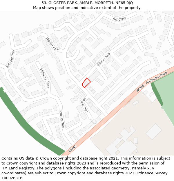 53, GLOSTER PARK, AMBLE, MORPETH, NE65 0JQ: Location map and indicative extent of plot