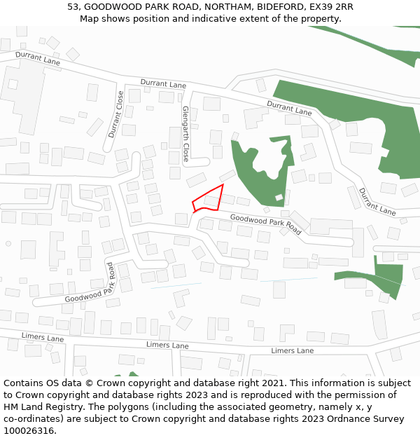 53, GOODWOOD PARK ROAD, NORTHAM, BIDEFORD, EX39 2RR: Location map and indicative extent of plot