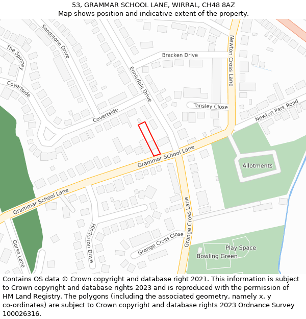 53, GRAMMAR SCHOOL LANE, WIRRAL, CH48 8AZ: Location map and indicative extent of plot