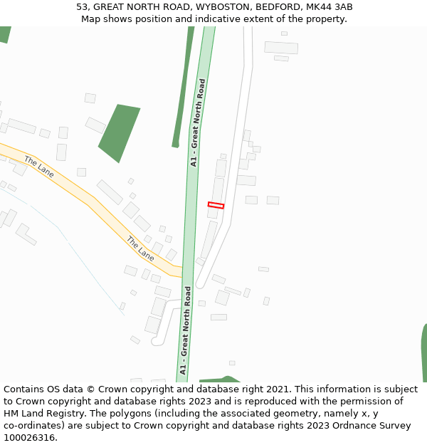 53, GREAT NORTH ROAD, WYBOSTON, BEDFORD, MK44 3AB: Location map and indicative extent of plot