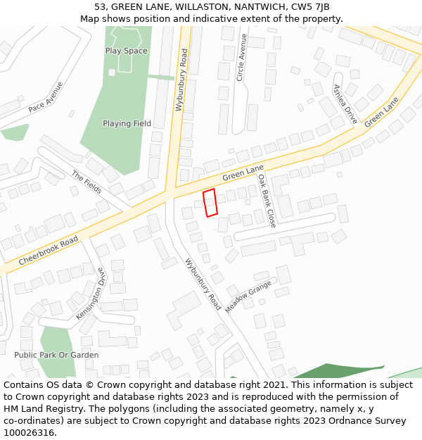 53, GREEN LANE, WILLASTON, NANTWICH, CW5 7JB: Location map and indicative extent of plot