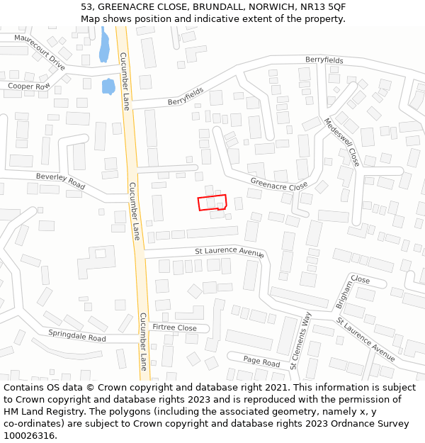 53, GREENACRE CLOSE, BRUNDALL, NORWICH, NR13 5QF: Location map and indicative extent of plot