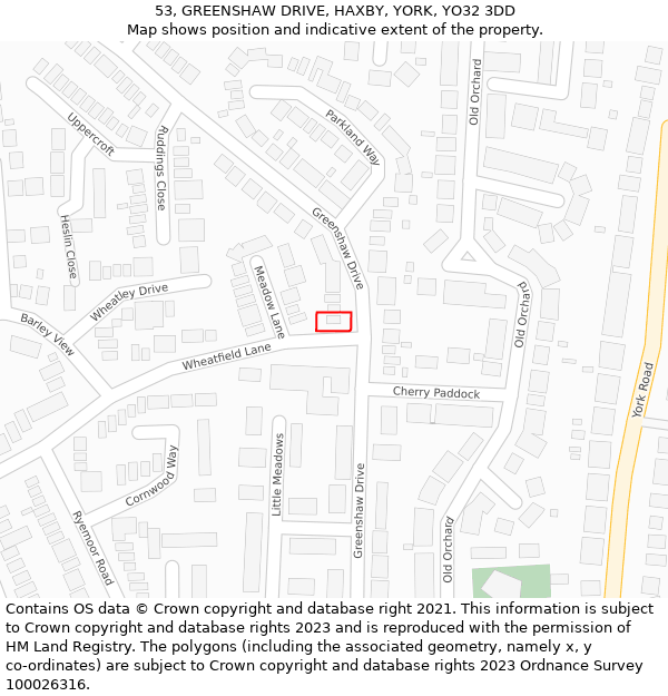 53, GREENSHAW DRIVE, HAXBY, YORK, YO32 3DD: Location map and indicative extent of plot