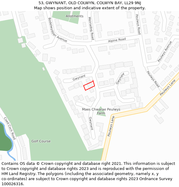 53, GWYNANT, OLD COLWYN, COLWYN BAY, LL29 9NJ: Location map and indicative extent of plot