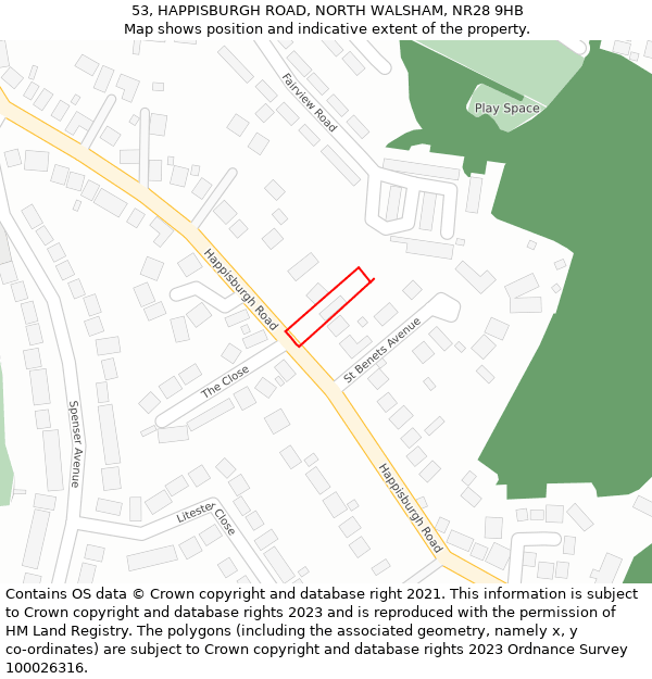53, HAPPISBURGH ROAD, NORTH WALSHAM, NR28 9HB: Location map and indicative extent of plot