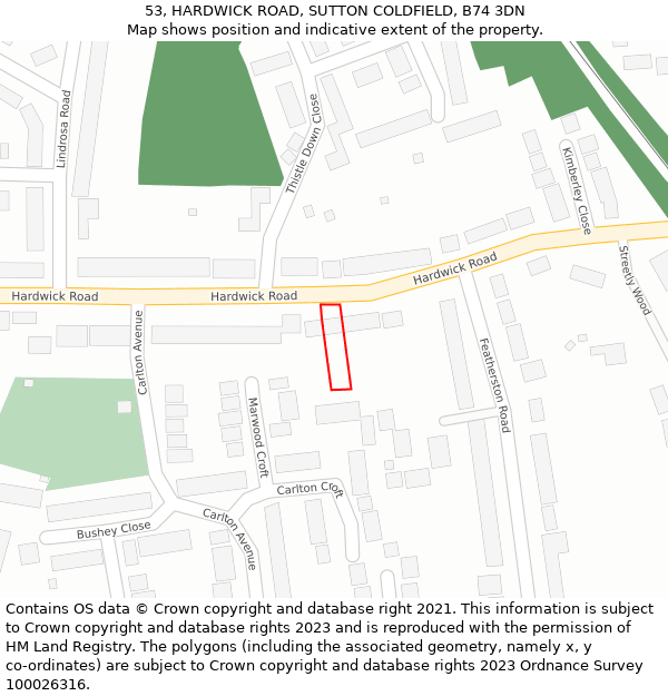 53, HARDWICK ROAD, SUTTON COLDFIELD, B74 3DN: Location map and indicative extent of plot