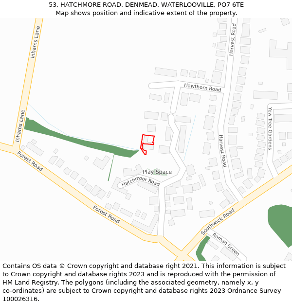 53, HATCHMORE ROAD, DENMEAD, WATERLOOVILLE, PO7 6TE: Location map and indicative extent of plot