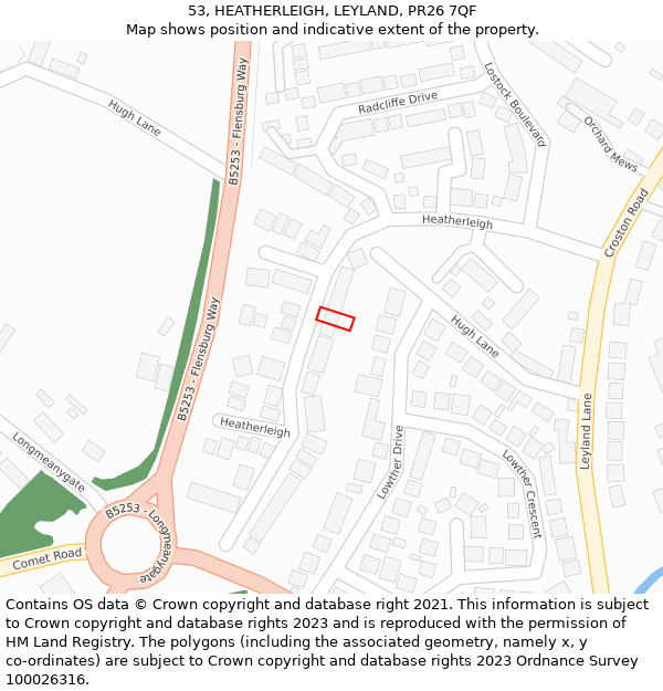 53, HEATHERLEIGH, LEYLAND, PR26 7QF: Location map and indicative extent of plot