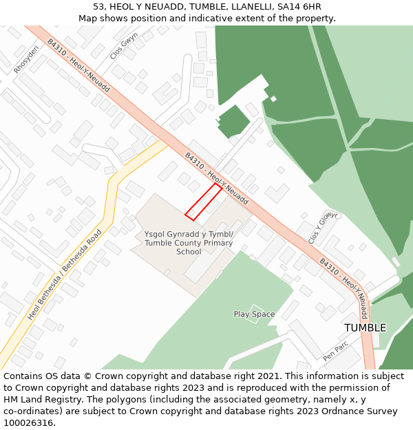 53, HEOL Y NEUADD, TUMBLE, LLANELLI, SA14 6HR: Location map and indicative extent of plot