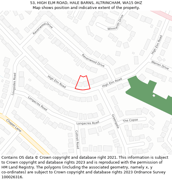 53, HIGH ELM ROAD, HALE BARNS, ALTRINCHAM, WA15 0HZ: Location map and indicative extent of plot