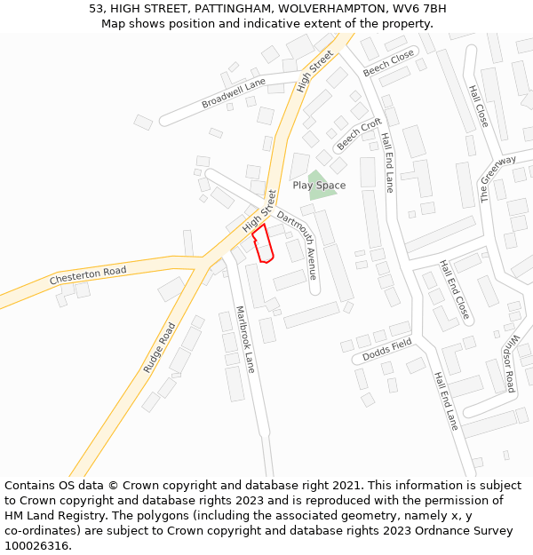 53, HIGH STREET, PATTINGHAM, WOLVERHAMPTON, WV6 7BH: Location map and indicative extent of plot