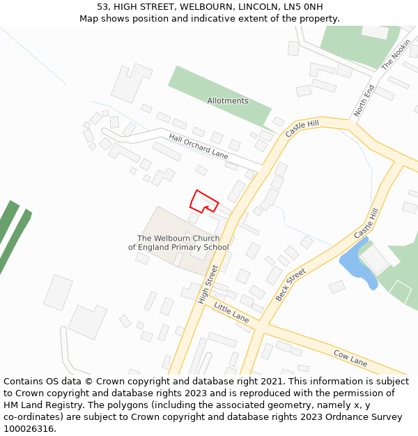53, HIGH STREET, WELBOURN, LINCOLN, LN5 0NH: Location map and indicative extent of plot